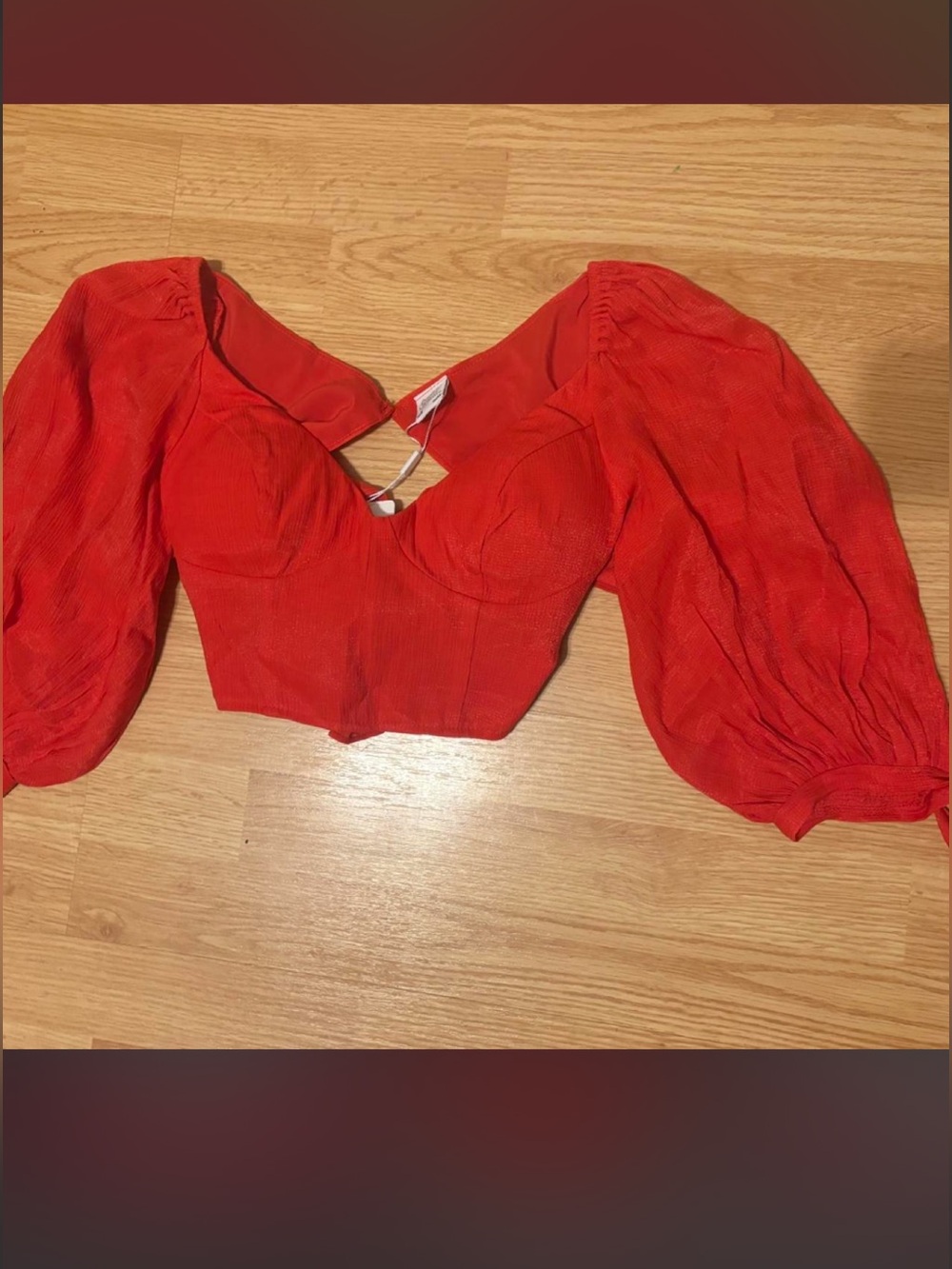 Open Back Red Puff-Sleeve Cropped Blouse